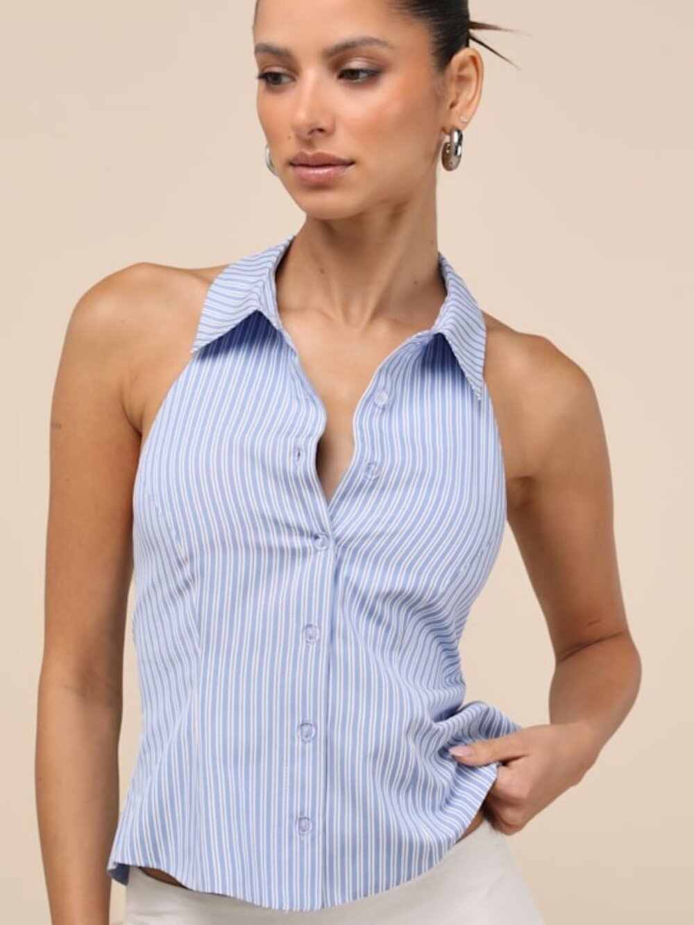 Lulus Giosetta Blue Pinstriped Button-front Halter Top - Size XL